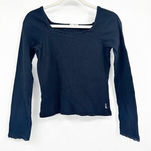 LEI Womens Y2K Bella Swan Elena Gilbert Ribbed Lace Trim Square Neck Top Size L